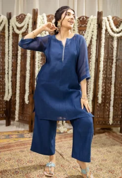 Sudiksha Navy Blue Chanderi Silk Straight Hand Embroidered Kurta Set (Set of 3)