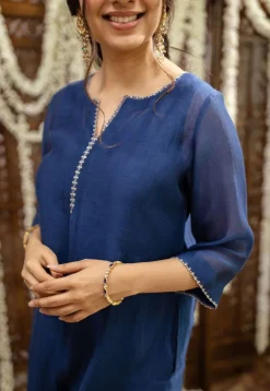 Sudiksha Navy Blue Chanderi Silk Straight Hand Embroidered Kurta Set (Set of 3)