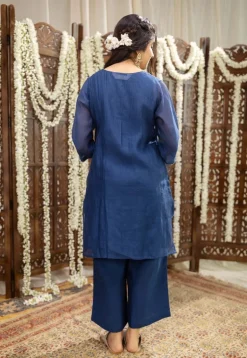 Sudiksha Navy Blue Chanderi Silk Straight Hand Embroidered Kurta Set (Set of 3)