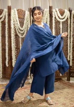 Sudiksha Navy Blue Chanderi Silk Straight Hand Embroidered Kurta Set (Set of 3)