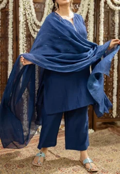 Sudiksha Navy Blue Chanderi Silk Straight Hand Embroidered Kurta Set (Set of 3)