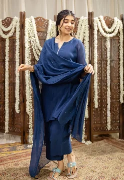 Sudiksha Navy Blue Chanderi Silk Straight Hand Embroidered Kurta Set (Set of 3)
