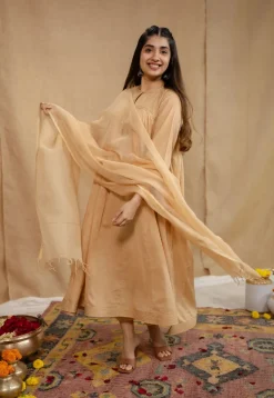 Surina Mulmul Cotton Beige Kurta Set (Set of 3)