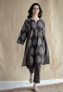Tania Charcoal Ajrakh Cotton Jhabba Kali Kurta with Hand Embroidery