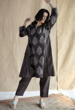 Tania Charcoal Ajrakh Cotton Jhabba Kali Kurta with Hand Embroidery