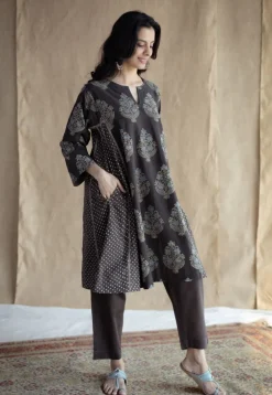 Tania Charcoal Ajrakh Cotton Jhabba Kali Kurta with Hand Embroidery