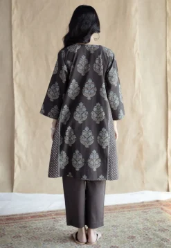 Tania Charcoal Ajrakh Cotton Jhabba Kali Kurta with Hand Embroidery
