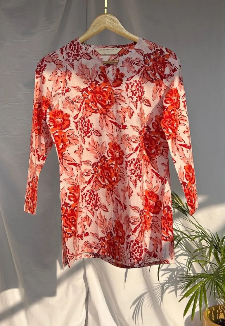 Tapsi Red Sanganeri Cotton A Line Short Top