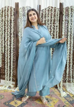 Tarani Light Blue Jhabba Kali Chanderi Silk Gota Patti Kurta Set (Set of 3)