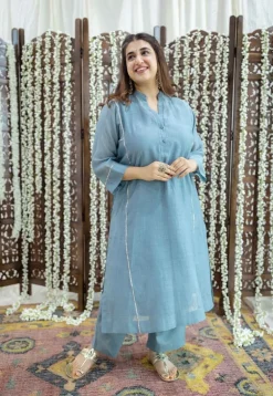 Tarani Light Blue Jhabba Kali Chanderi Silk Gota Patti Kurta Set (Set of 3)