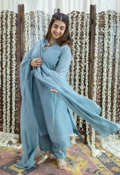 Tarani Light Blue Jhabba Kali Chanderi Silk Gota Patti Kurta Set (Set of 3)