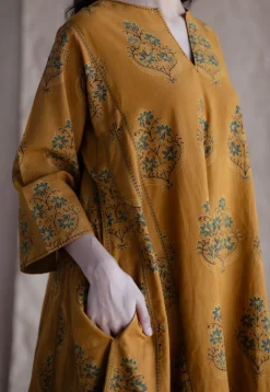 Trisha Mustard Ajrakh Cotton Jhabba Kali Kurta with Hand Embroidery