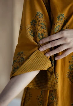 Trisha Mustard Ajrakh Cotton Jhabba Kali Kurta with Hand Embroidery