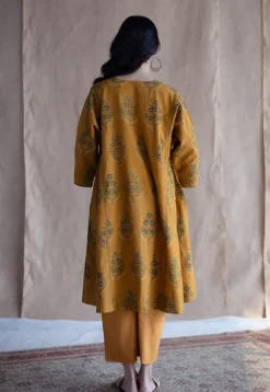 Trisha Mustard Ajrakh Cotton Jhabba Kali Kurta with Hand Embroidery