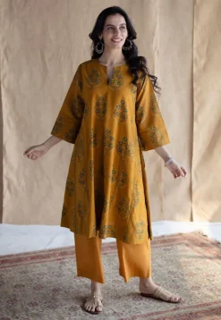 Trisha Mustard Ajrakh Cotton Jhabba Kali Kurta with Hand Embroidery