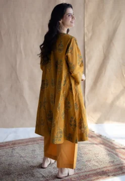 Trisha Mustard Ajrakh Cotton Jhabba Kali Kurta with Hand Embroidery
