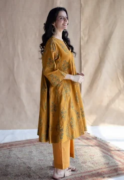 Trisha Mustard Ajrakh Cotton Jhabba Kali Kurta with Hand Embroidery
