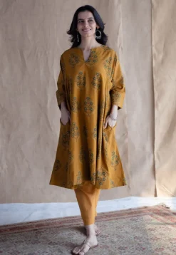 Trisha Mustard Ajrakh Cotton Jhabba Kali Kurta with Hand Embroidery