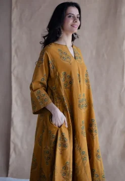 Trisha Mustard Ajrakh Cotton Jhabba Kali Kurta with Hand Embroidery