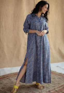 Trusha Blue Sanganeri Slub Cotton A Line Dress