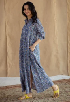 Trusha Blue Sanganeri Slub Cotton A Line Dress