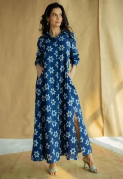 Trusha Indigo Bagru Slub Cotton A Line Dress