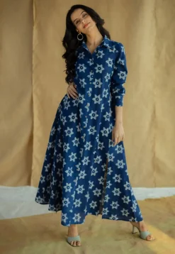 Trusha Indigo Bagru Slub Cotton A Line Dress