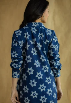 Trusha Indigo Bagru Slub Cotton A Line Dress