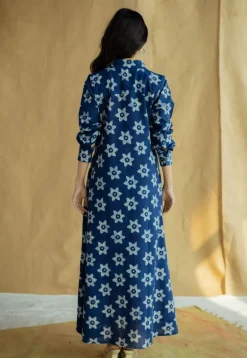 Trusha Indigo Bagru Slub Cotton A Line Dress