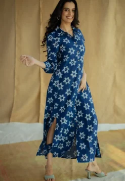 Trusha Indigo Bagru Slub Cotton A Line Dress
