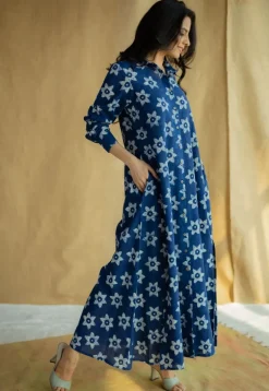 Trusha Indigo Bagru Slub Cotton A Line Dress