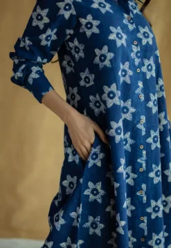 Trusha Indigo Bagru Slub Cotton A Line Dress
