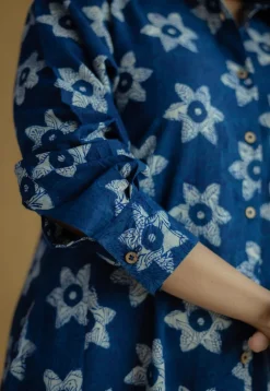 Trusha Indigo Bagru Slub Cotton A Line Dress