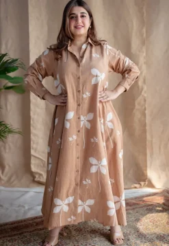 Trusha Light Brown A Line Dabu Slub Cotton Dress