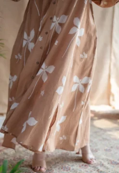 Trusha Light Brown A Line Dabu Slub Cotton Dress