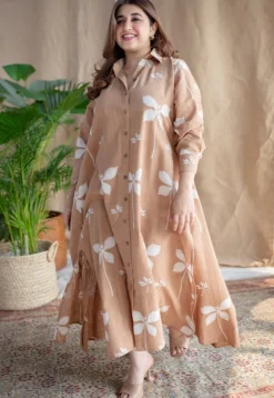 Trusha Light Brown A Line Dabu Slub Cotton Dress