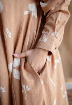 Trusha Light Brown A Line Dabu Slub Cotton Dress