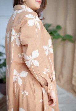 Trusha Light Brown A Line Dabu Slub Cotton Dress