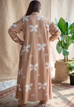Trusha Light Brown A Line Dabu Slub Cotton Dress