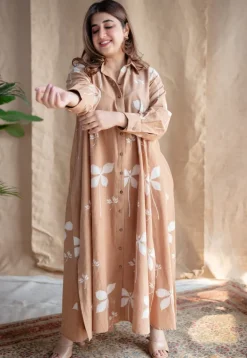 Trusha Light Brown A Line Dabu Slub Cotton Dress