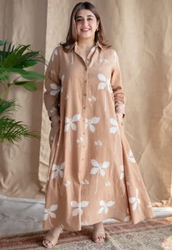 Trusha Light Brown A Line Dabu Slub Cotton Dress