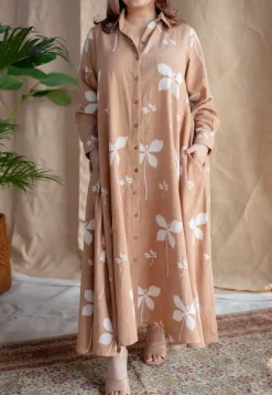 Trusha Light Brown A Line Dabu Slub Cotton Dress