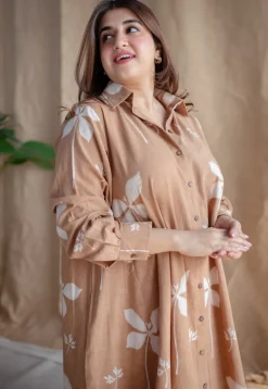 Trusha Light Brown A Line Dabu Slub Cotton Dress