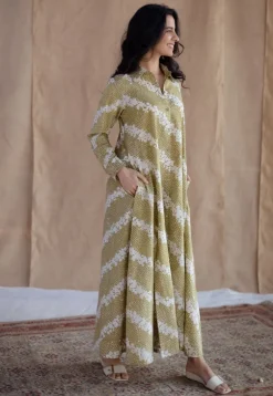 Trusha Moss Green Batik Cotton A Line Dress