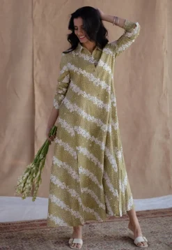 Trusha Moss Green Batik Cotton A Line Dress