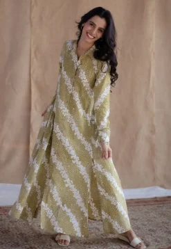 Trusha Moss Green Batik Cotton A Line Dress
