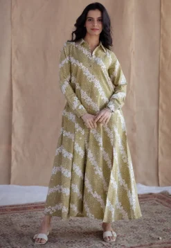 Trusha Moss Green Batik Cotton A Line Dress
