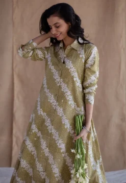 Trusha Moss Green Batik Cotton A Line Dress