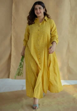 Trusha Yellow Dabu Slub Cotton A Line Dress