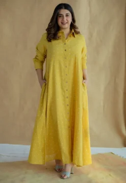 Trusha Yellow Dabu Slub Cotton A Line Dress
